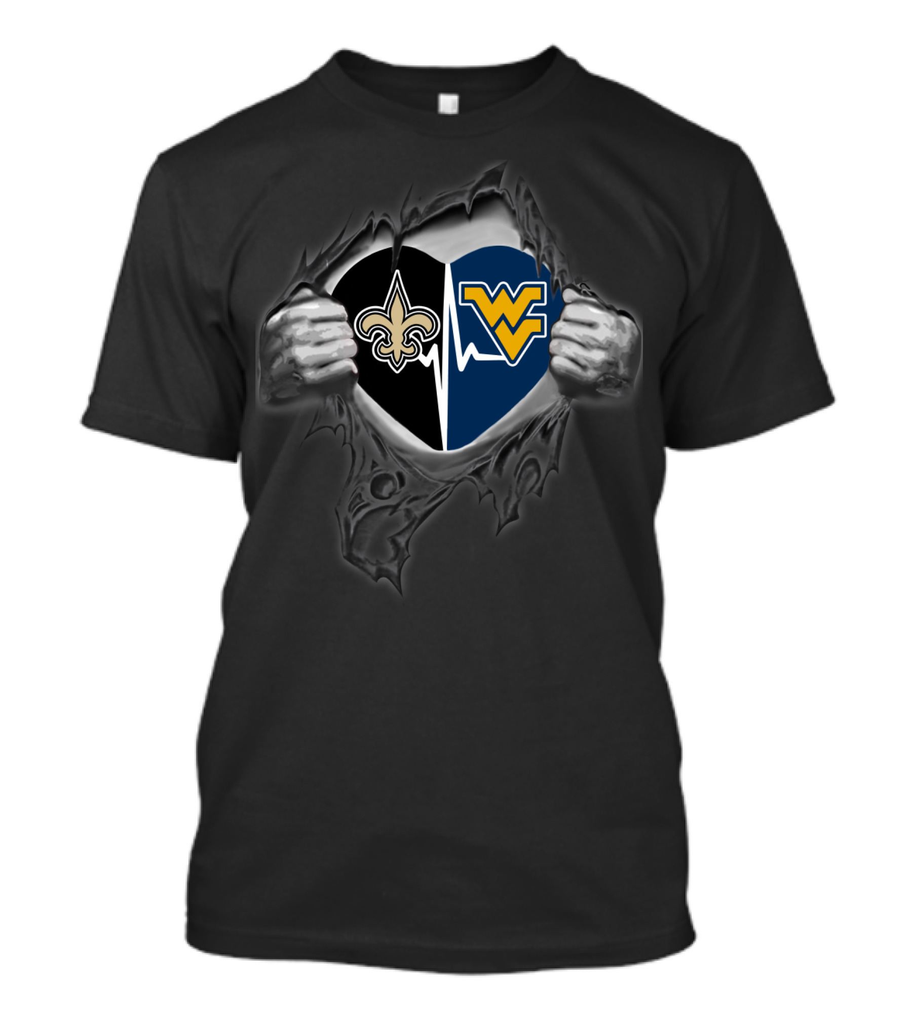 Saints Fleur-De-Lis Heartbeat West Virginia Mountaineers Wvu Logo Rip T-Shirt