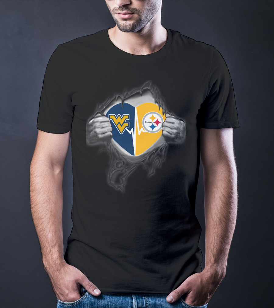 Steelers West Virginia Mountaineers Heart Split With Logos T-Shirt