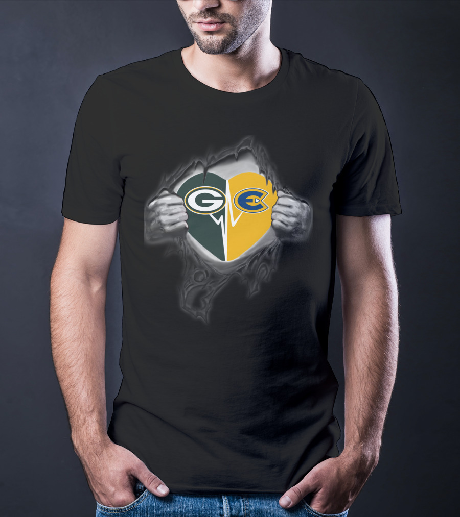 Packers Love Eau Claire Blugolds Split Heart T-Shirt
