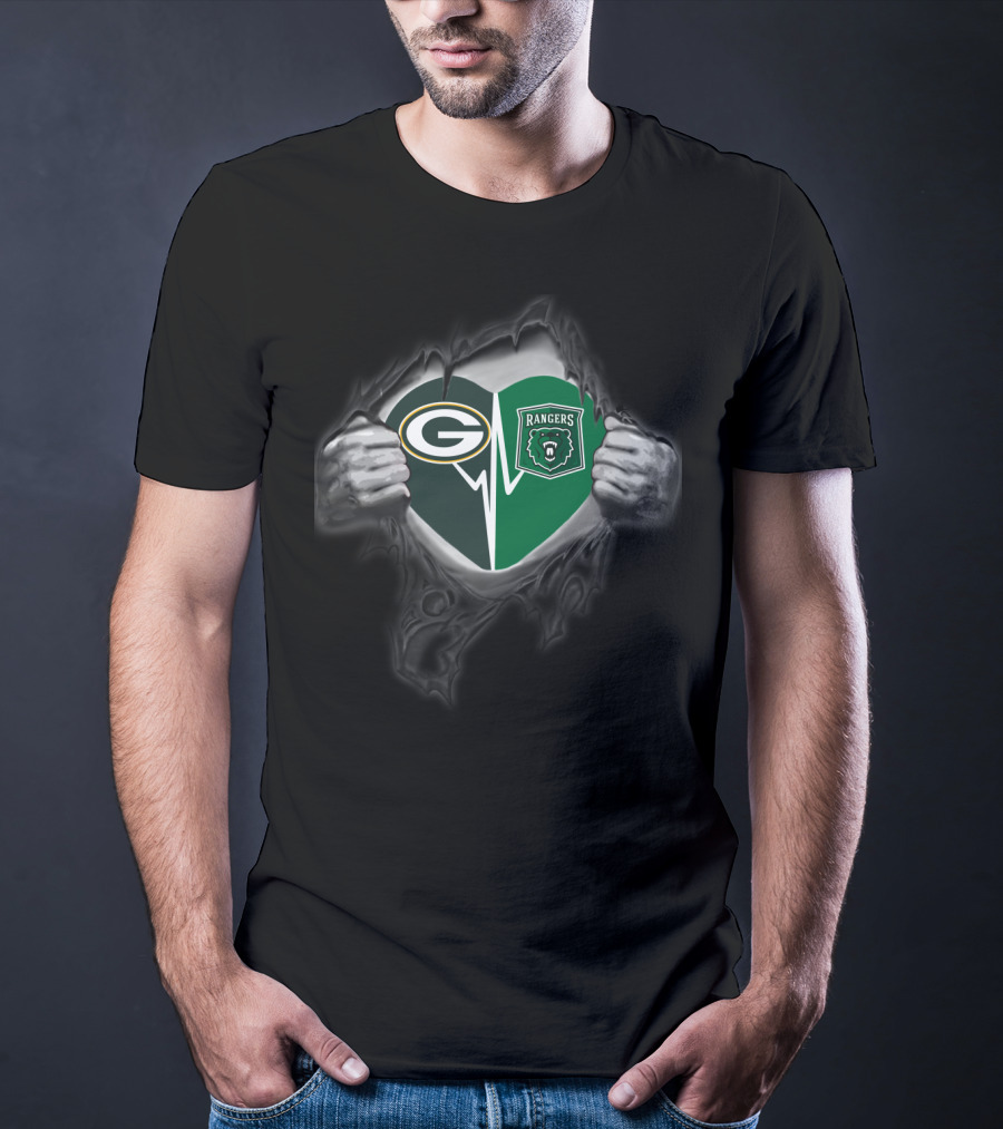 Packers Heart With Rangers Bear Green Crest T-Shirt