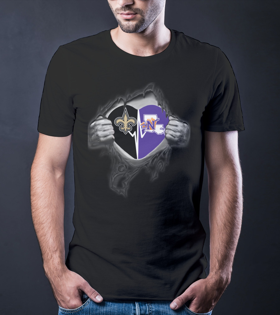 Saints Northwestern State Demons Heart Logo Fusion T-Shirt
