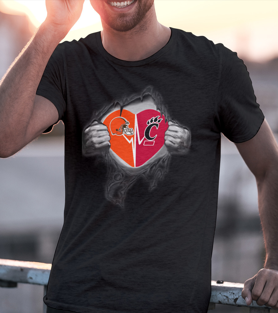 Cleveland Browns Cincinnati Bearcats Heart Football Fan Logo Combination T-Shirt