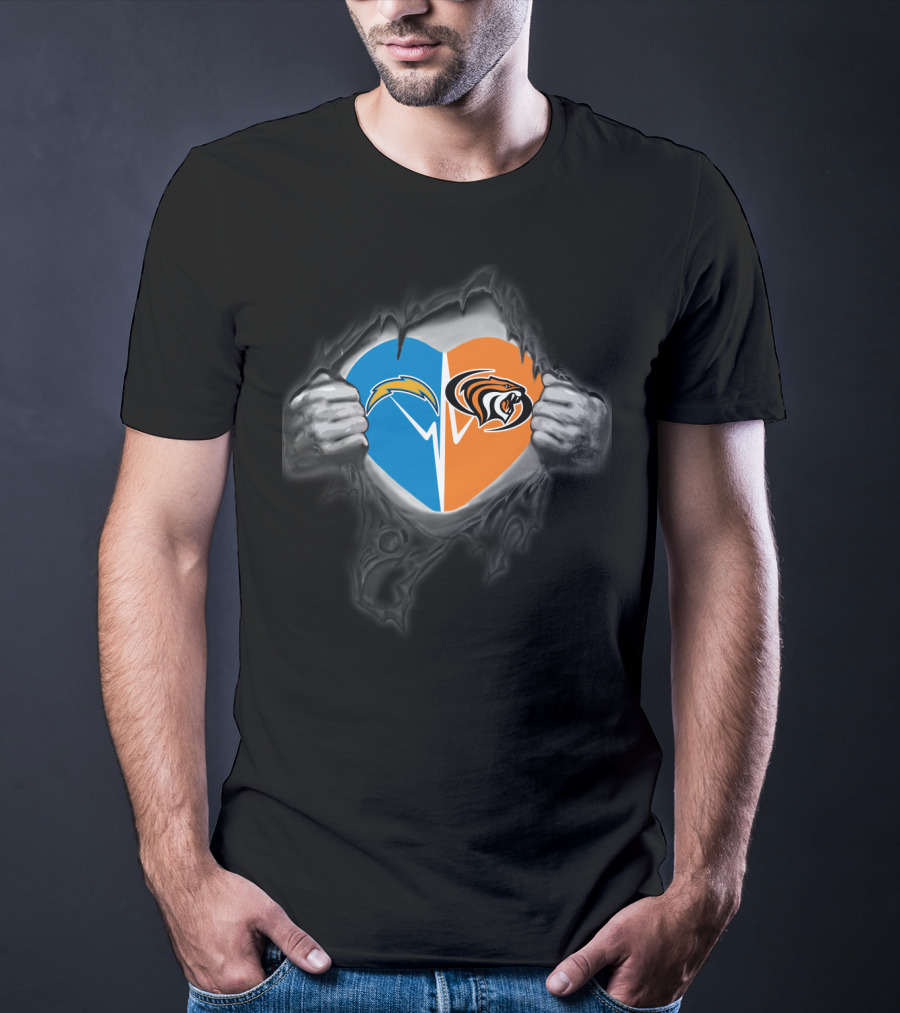 Chargers Pacific Tigers Heart Logos Torn T-Shirt