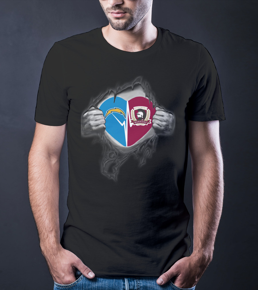Chargers Westmont Warriors Heart Shield With Lightning Logo And Spartan T-Shirt