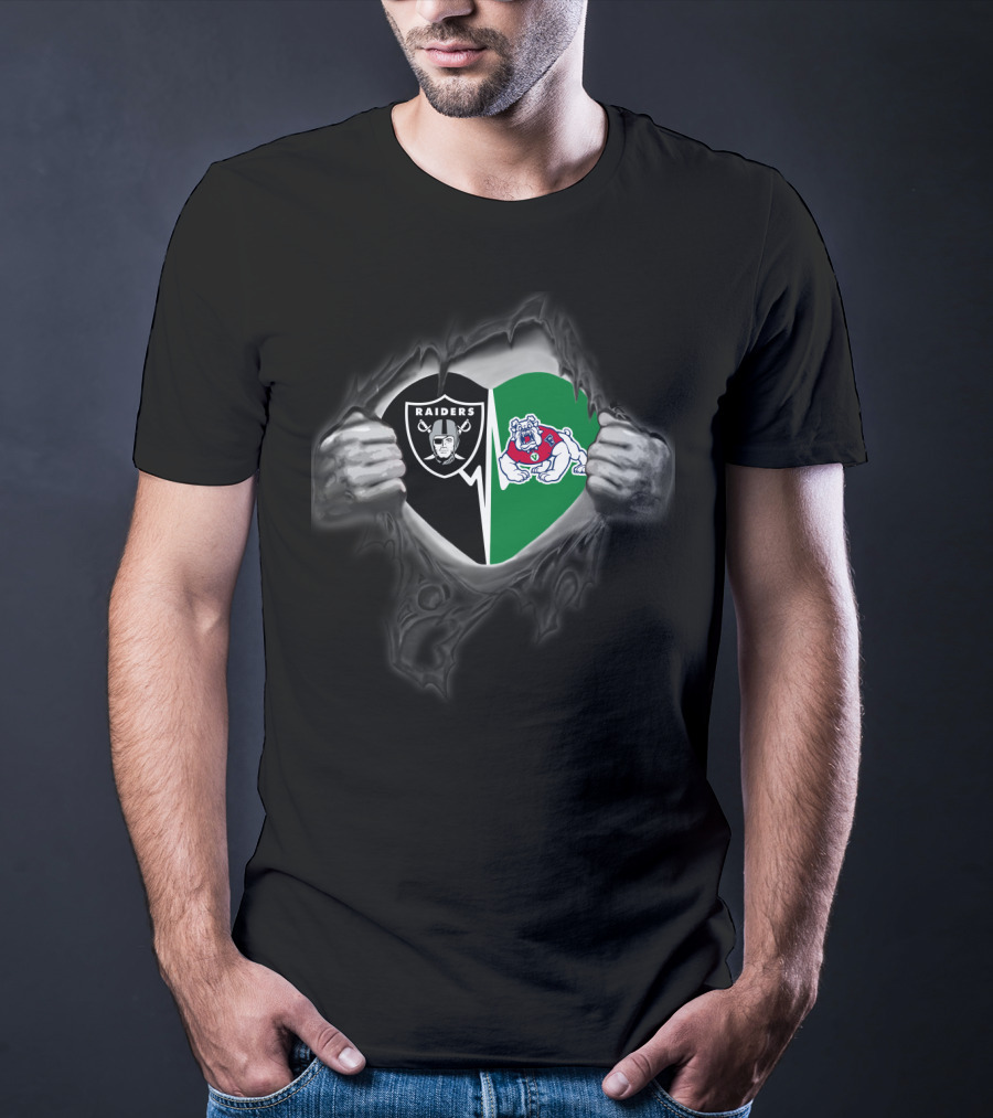 Raiders And Fresno State Bulldogs Torn Metal Heart T-Shirt