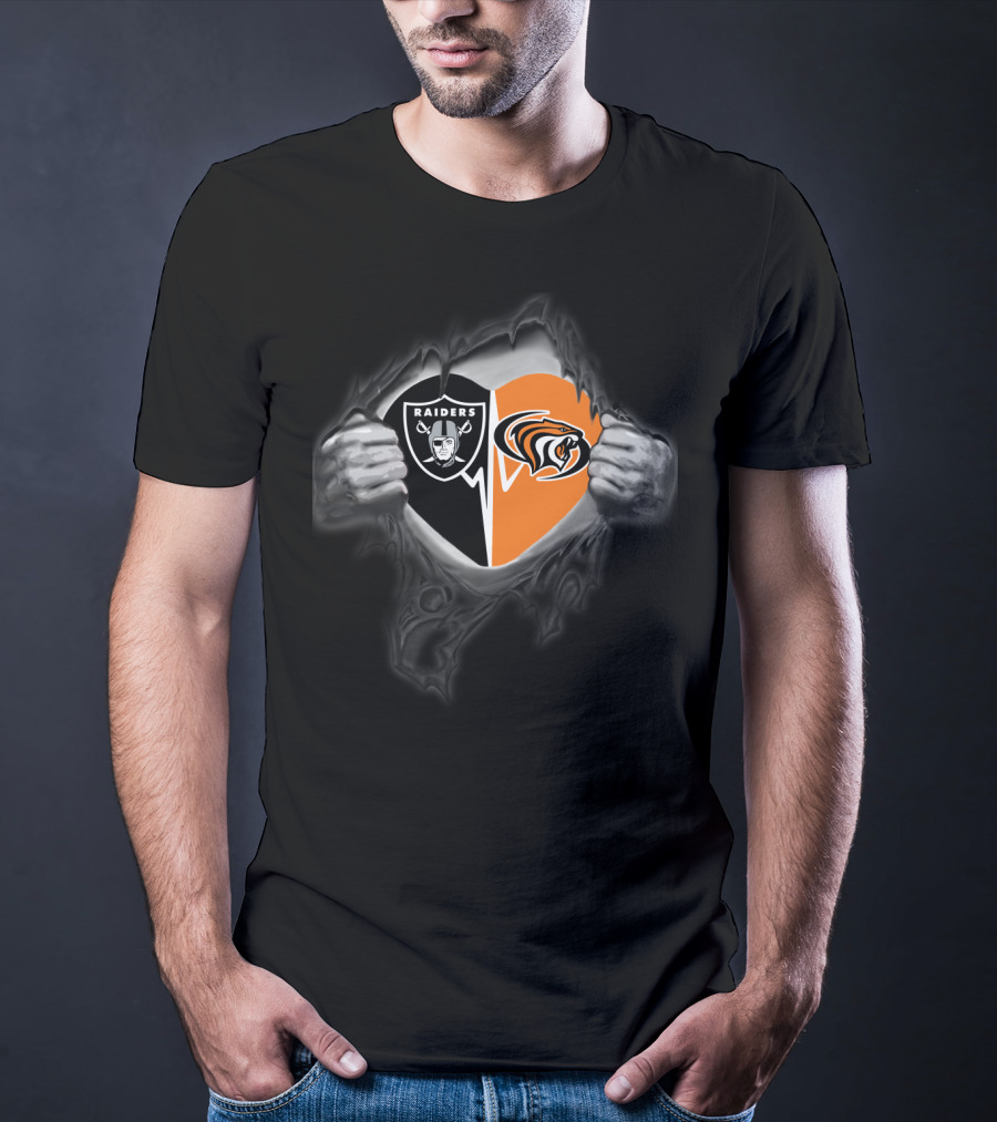 Raiders Pacific Tigers Heart Logo Fusion In Torn Fabric Effect T-Shirt