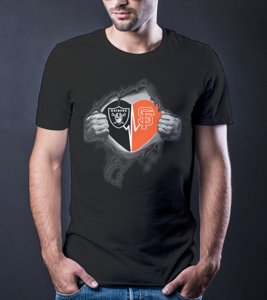 Raiders And San Francisco Giants Heart Symbol Hands Pulling T-Shirt