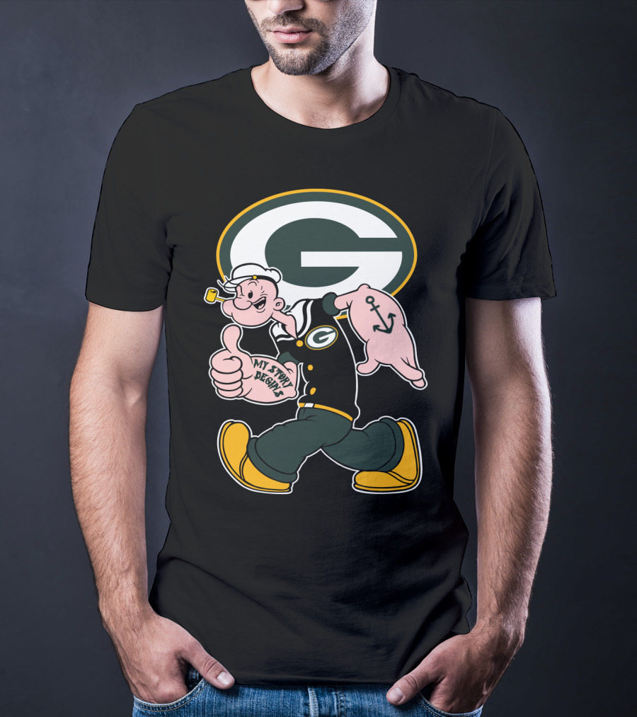 Popeye My Story Begins Green Bay Packers G Logo Anchor Tattoo T-Shirt