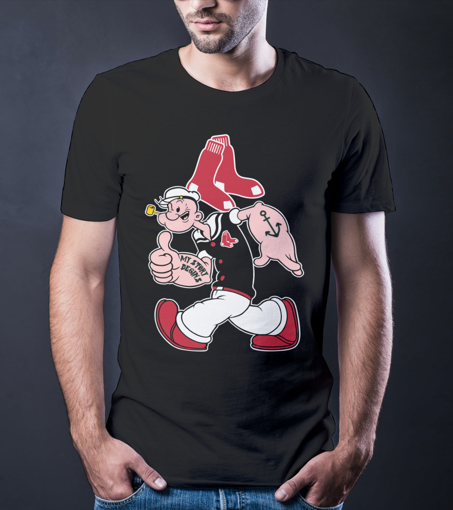 Popeye Thumbs Up Boston Red Sox Double Socks Anchor Tattoo Black T-Shirt