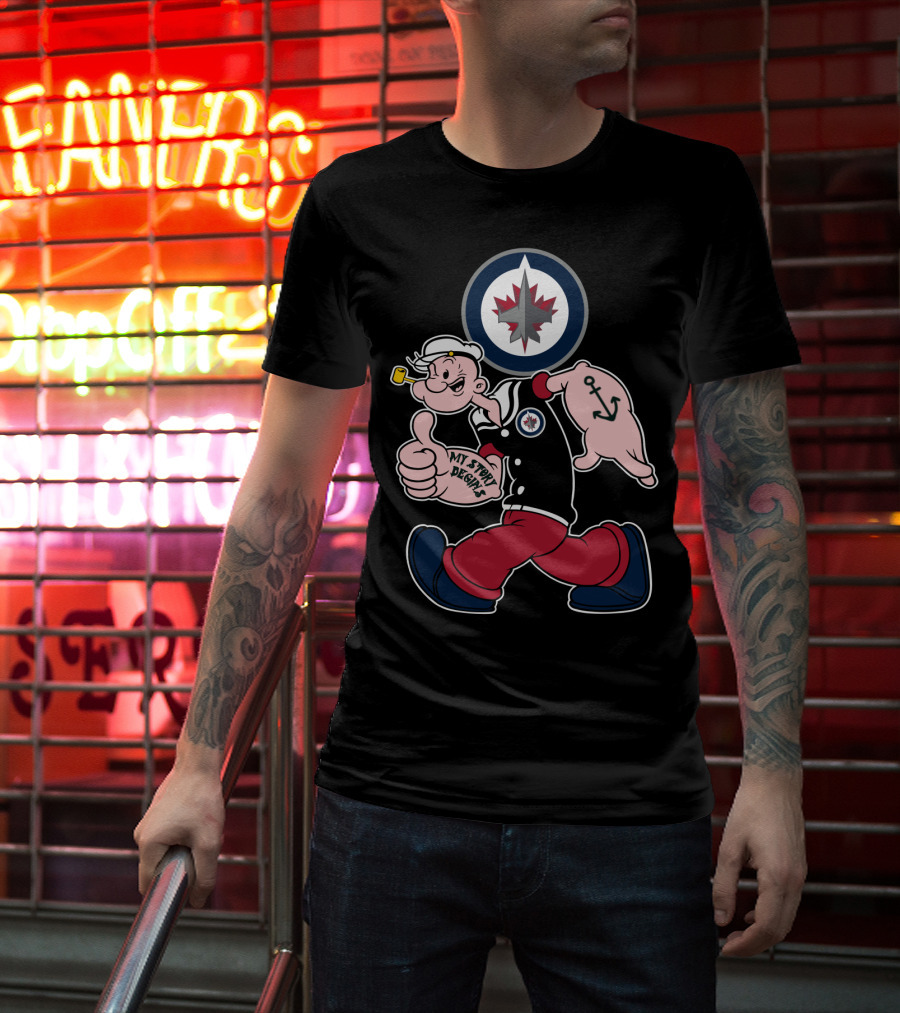 Winnipeg Jets Navy Popeye Walking With Thumbs Up And Anchor Tattoo T-Shirt