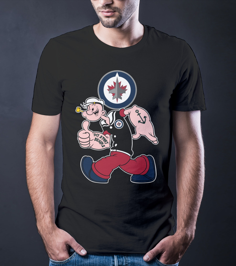Winnipeg Jets Navy Popeye Walking With Thumbs Up And Anchor Tattoo T-Shirt