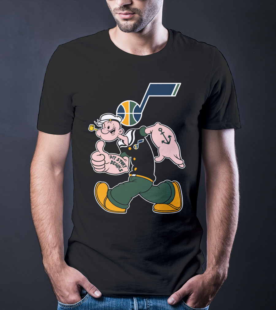 Popeye Walking With Thumb Up And Utah Jazz Basketball T-Shirt