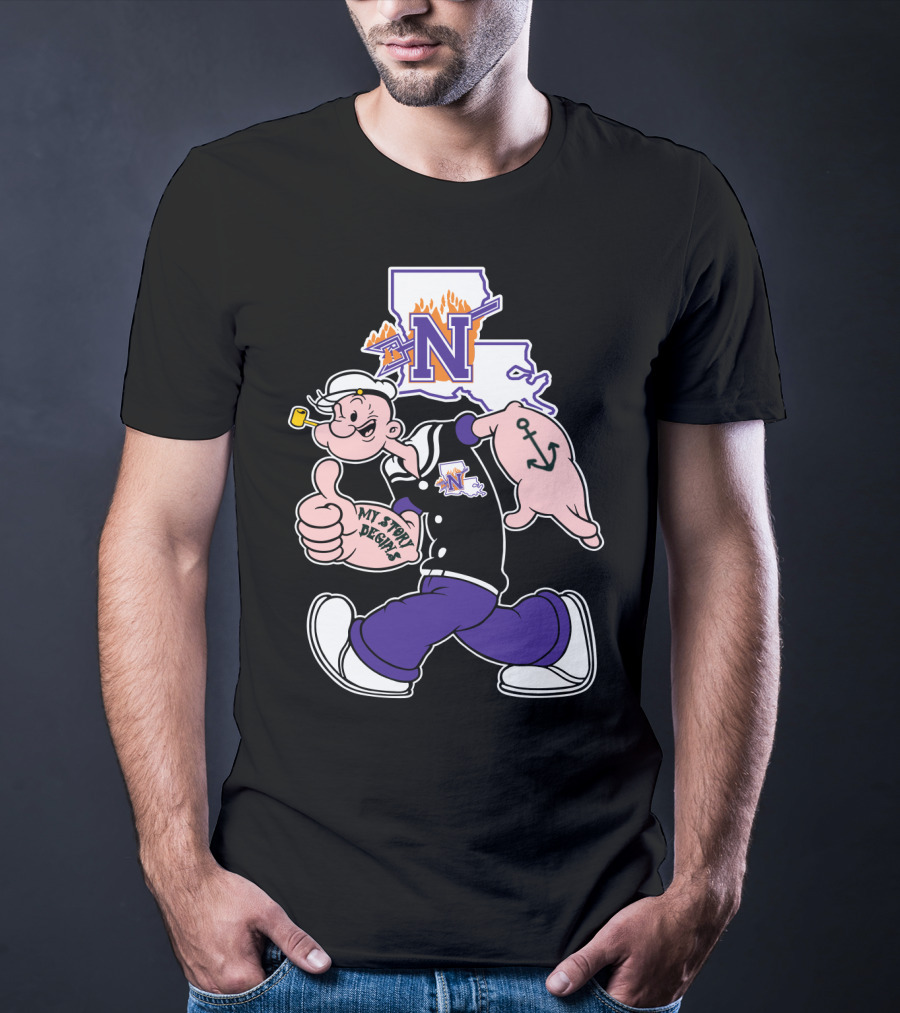 Northwestern State Demons Popeye Graphic With Louisiana State Outline T-Shirt