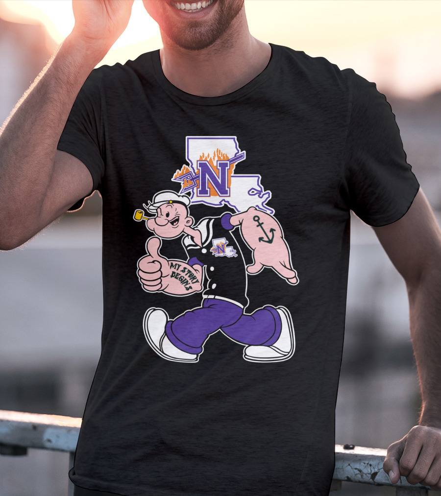Northwestern State Demons Popeye Graphic With Louisiana State Outline T-Shirt