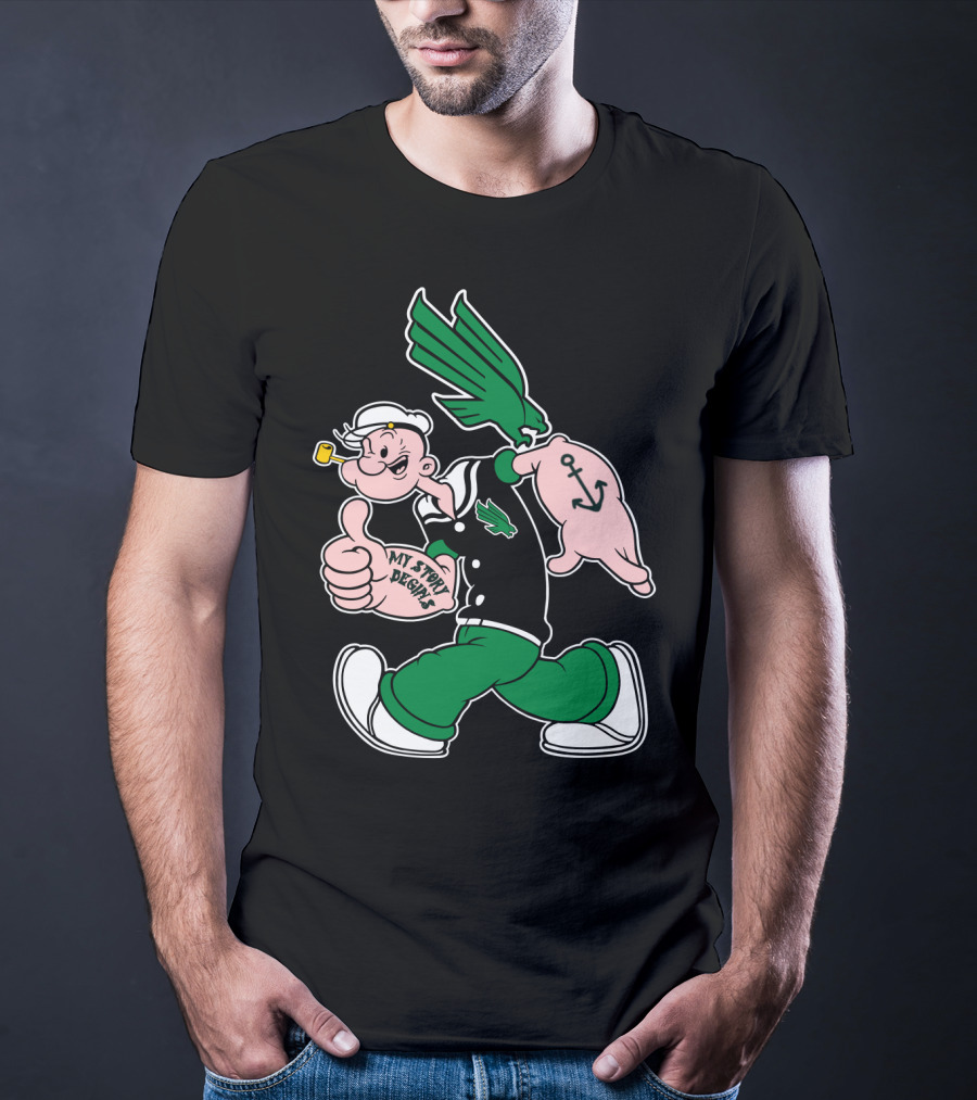 North Texas Mean Green My Story Designs Popeye Sailor Cartoon Anchor Pipe T-Shirt