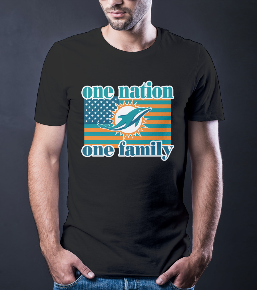 One Nation One Family Miami Dolphins American Flag Logo T-Shirt