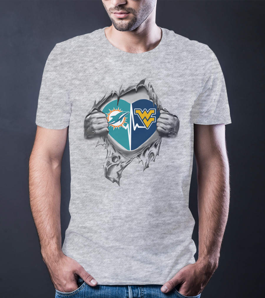 Dolphins West Virginia Mountaineers Heart Torn T-Shirt