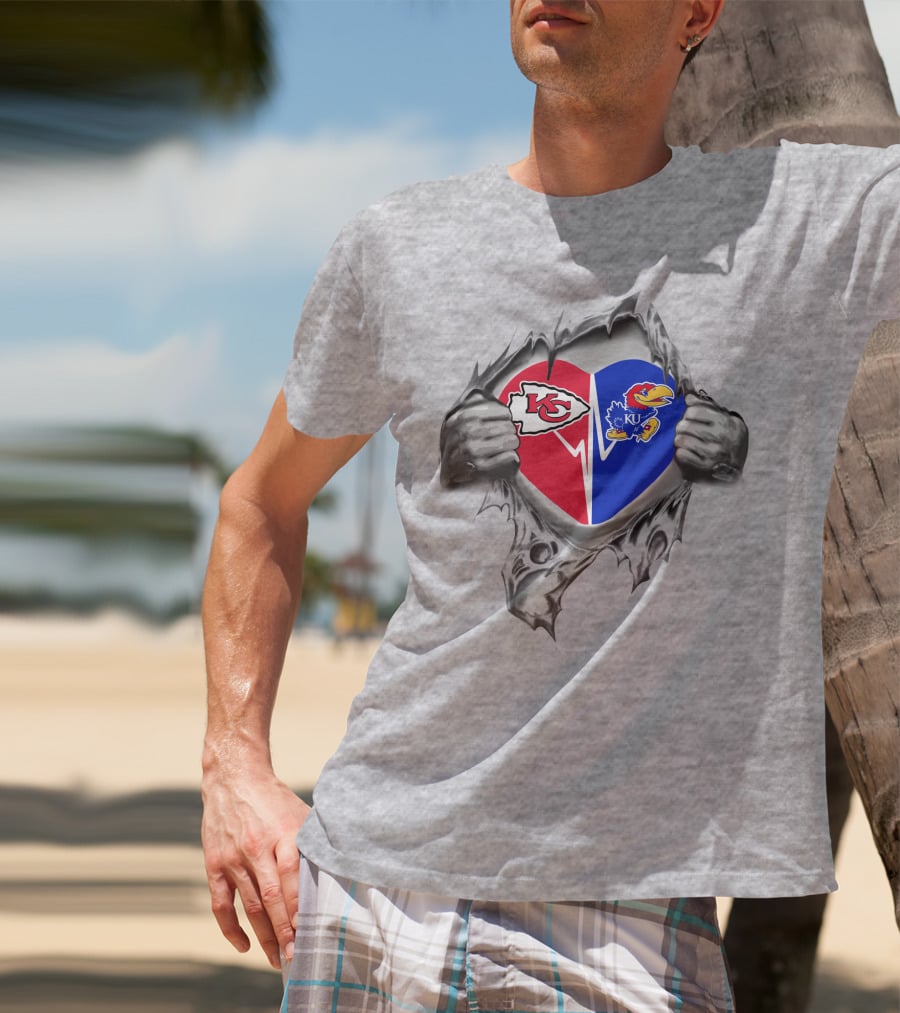Chiefs Jayhawks Heart With Kansas City Kc And Ku Logos T-Shirt