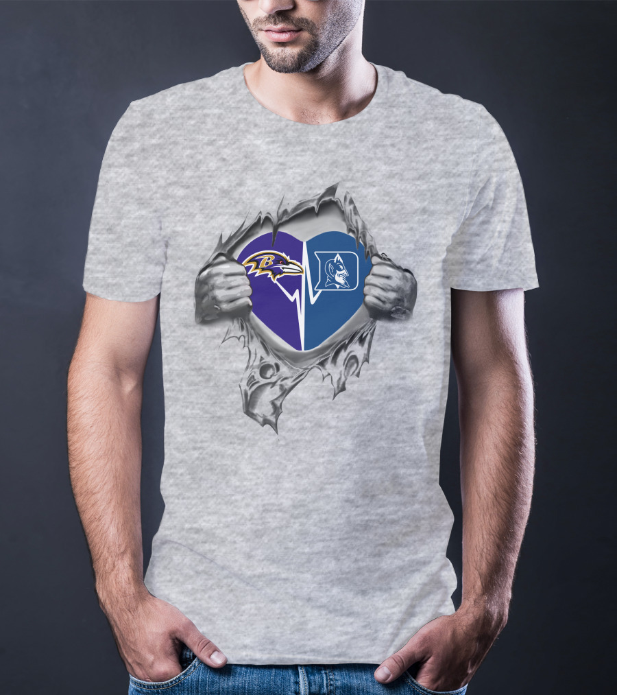 Ravens Duke Heart Logos Inside Ripped Silver Hands T-Shirt