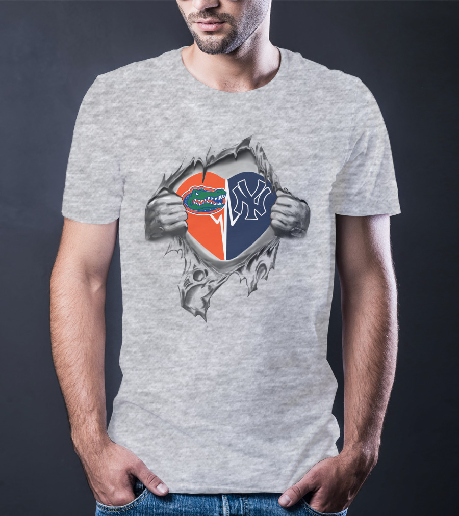 Yankees Gators Heart With Split Logo Of Ny Yankees And Florida Gators T-Shirt