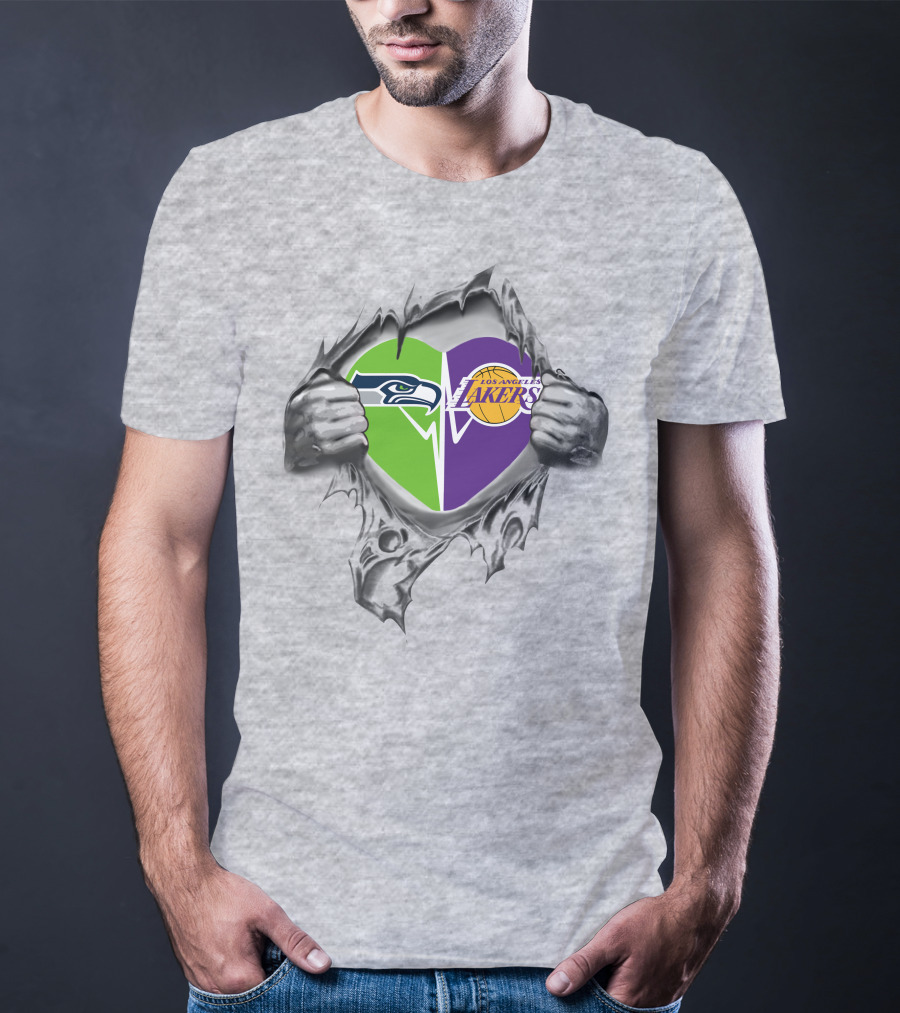 Seahawks Lakers Heart With Logos In Torn T-Shirt