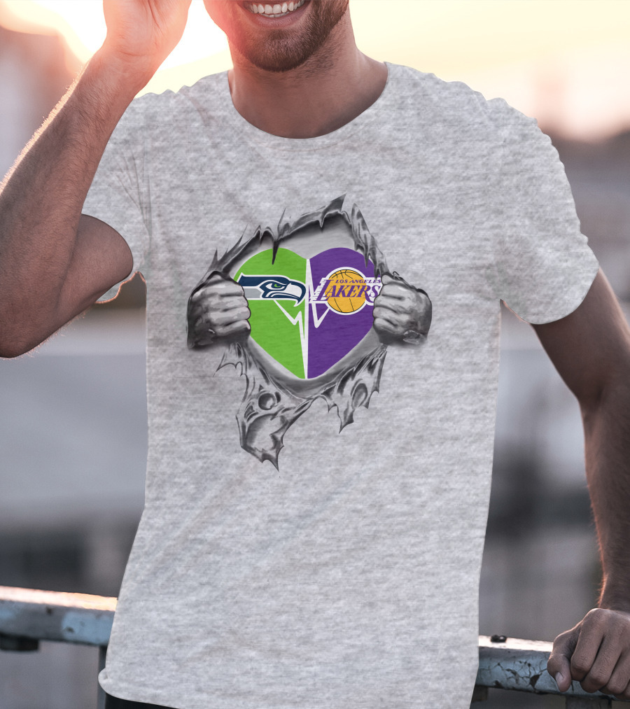 Seahawks Lakers Heart With Logos In Torn T-Shirt