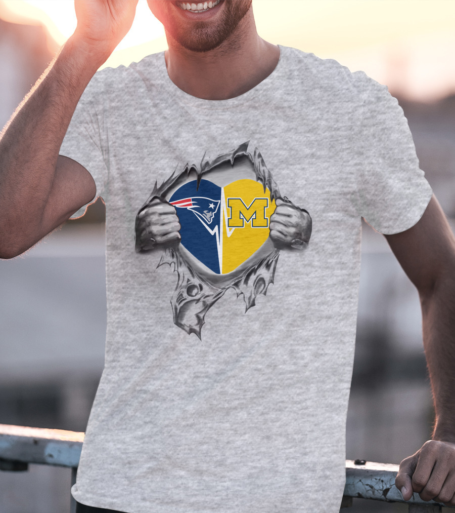 Patriots Wolverines Heartburst Love For New England And Michigan T-Shirt