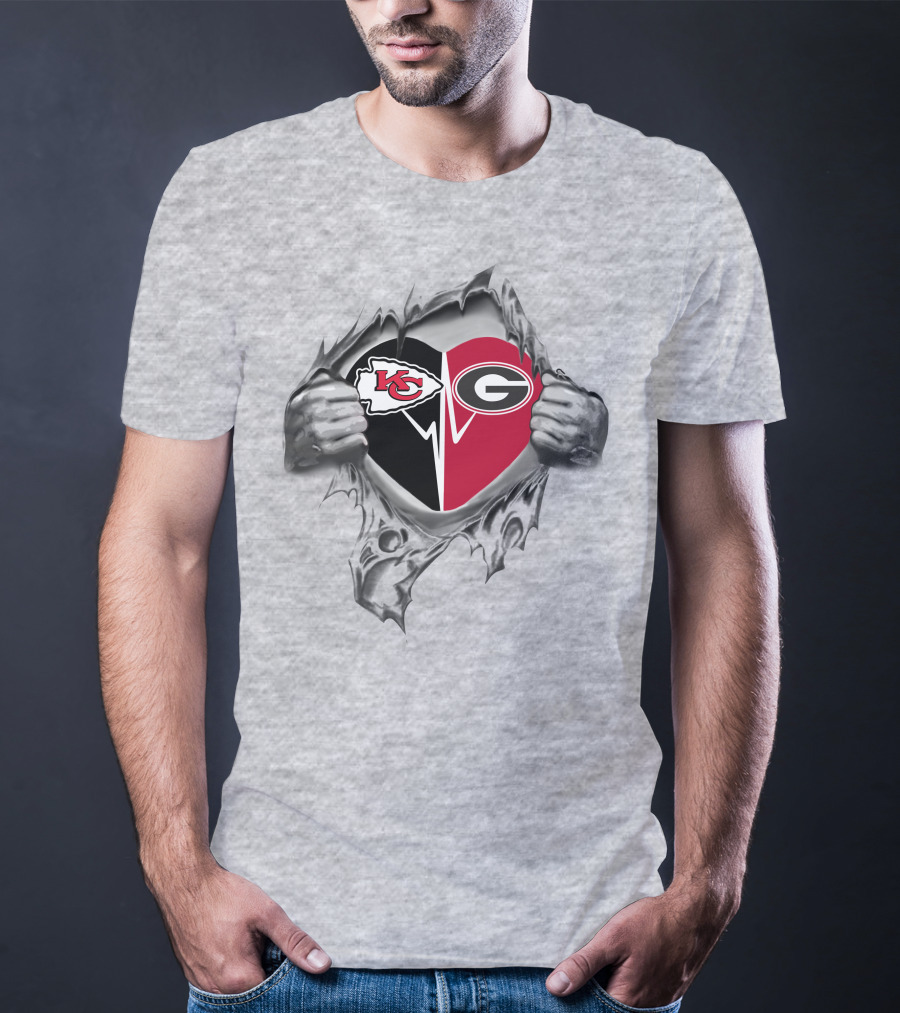 Chiefs Bulldogs Heart Revealed With Kansas City Chiefs Logo And Georgia Bulldogs T-Shirt