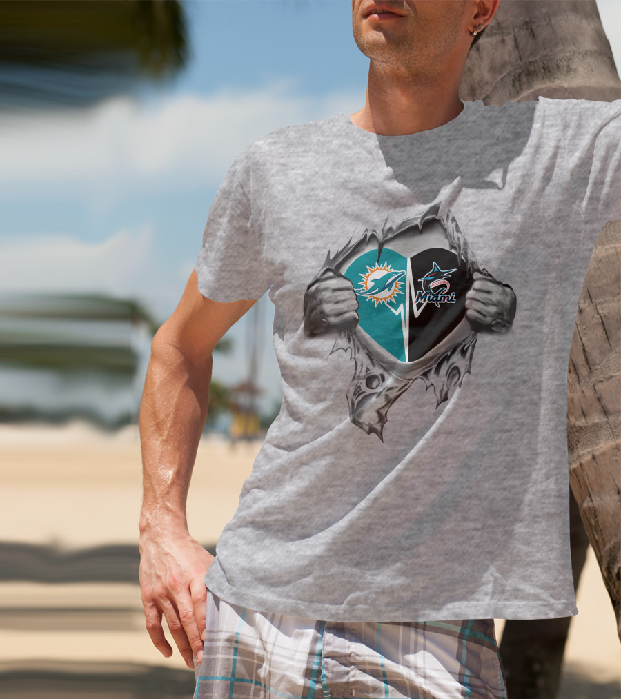 Miami Dolphins Marlins Heart Torn Reveal T-Shirt
