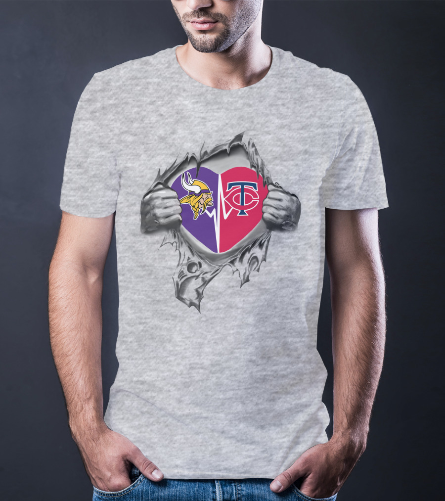Minnesota Vikings And Twins Heart Emblem With Torn T-Shirt