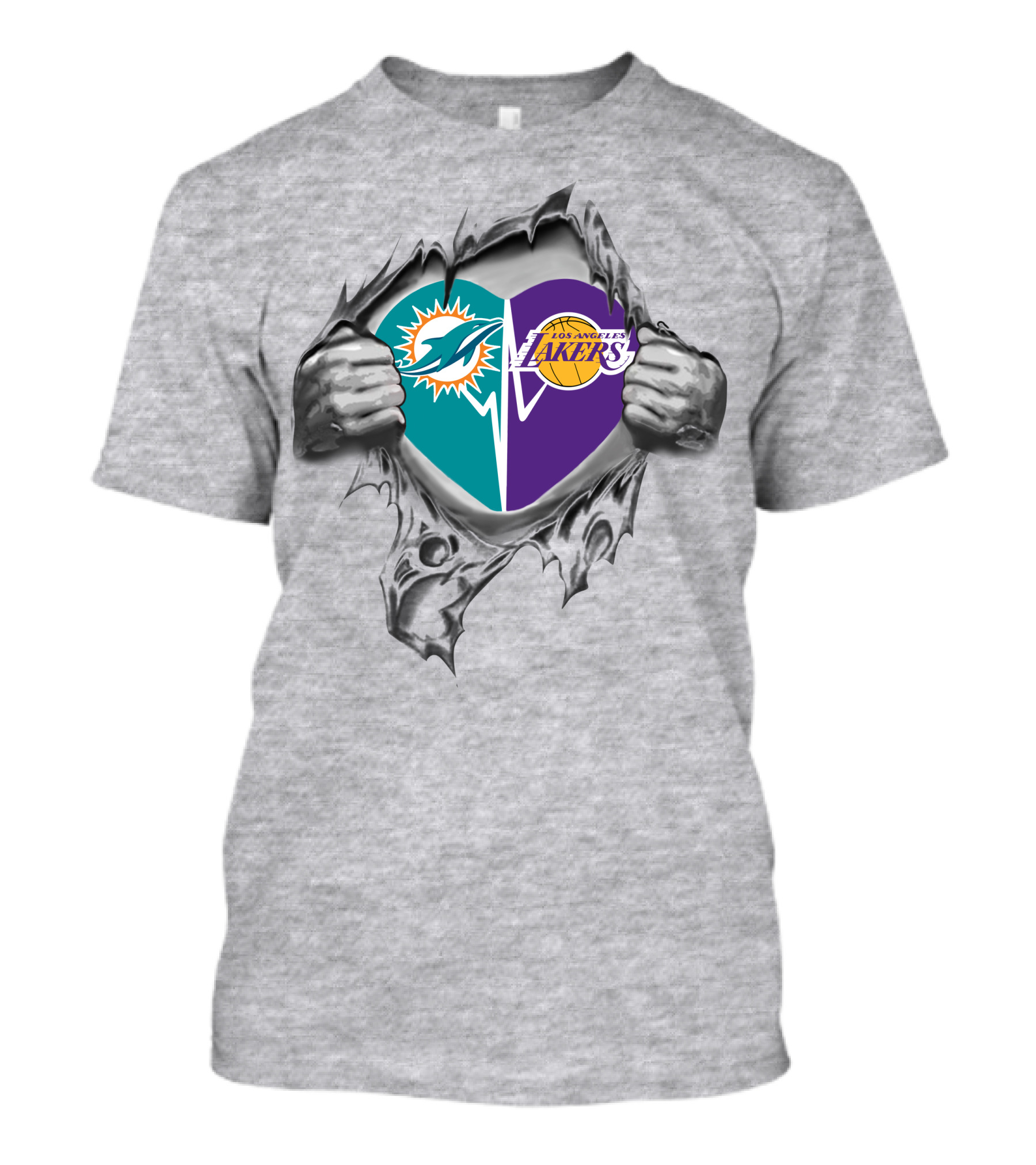 Dolphins Lakers Heart Torn Silver Hands T-Shirt