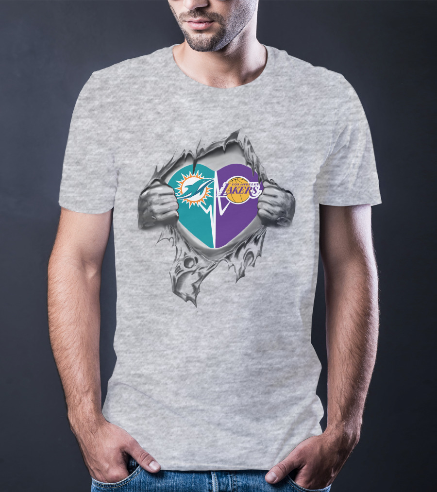 Dolphins Lakers Heart Torn Silver Hands T-Shirt