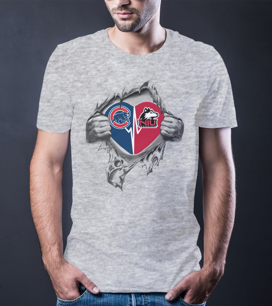 Cubs Niu Huskies Heart With Ripped T-Shirt