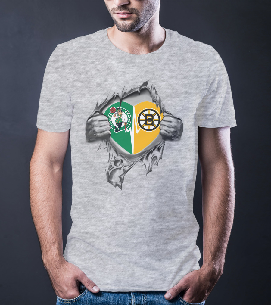 Boston Celtics Bruins Heart Inside Featuring Logos And Heartbeat T-Shirt
