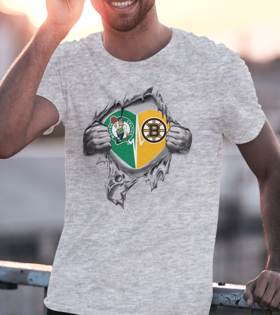 Boston Celtics Bruins Heart Inside Featuring Logos And Heartbeat T-Shirt