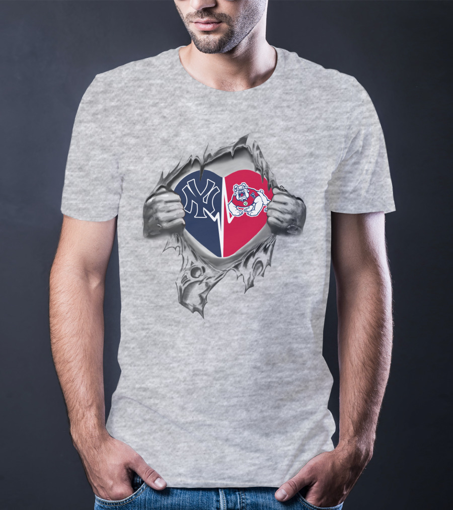 Yankees Fresno State Bulldogs Heart Logo Inside Ripped T-Shirt