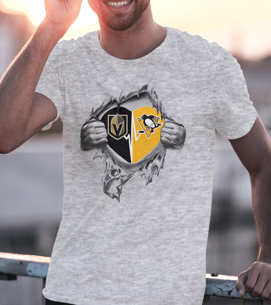 Vegas Golden Knights Pittsburgh Penguins Heartbeat Torn Fabric T-Shirt