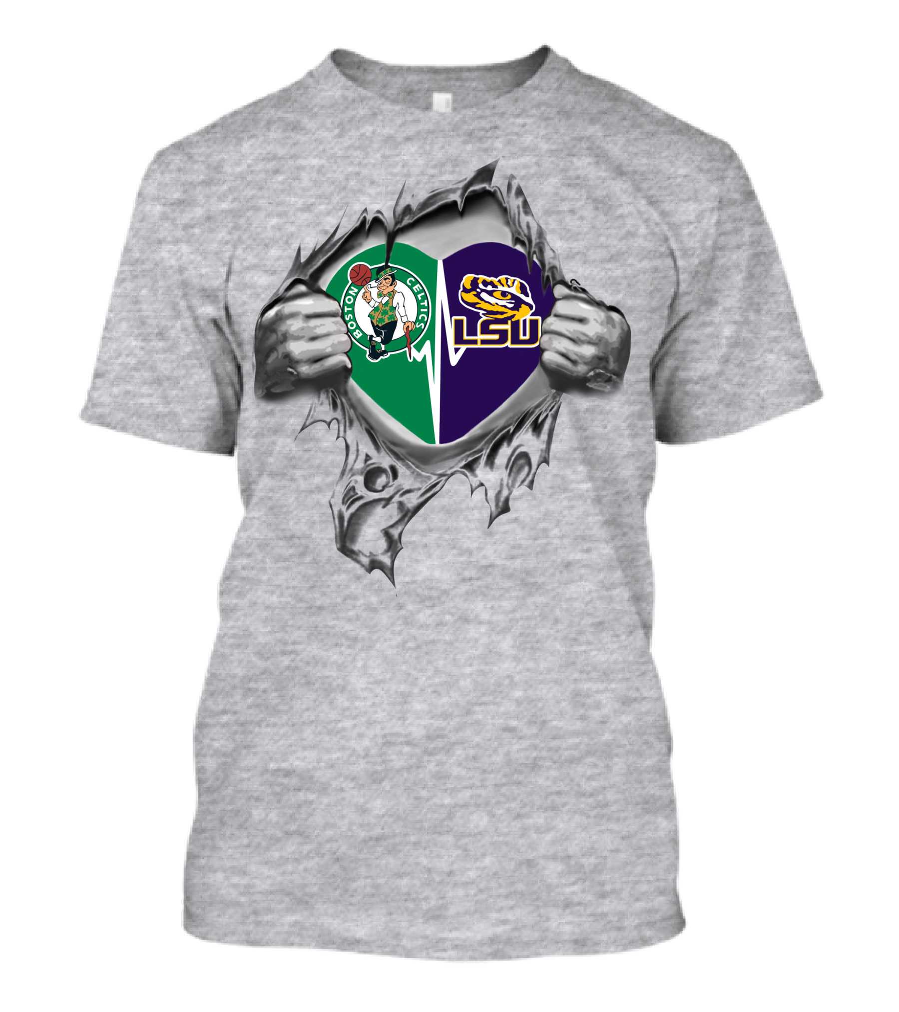 Boston Celtics Lsu Tigers Heartbeat Split Logo Peeling T-Shirt