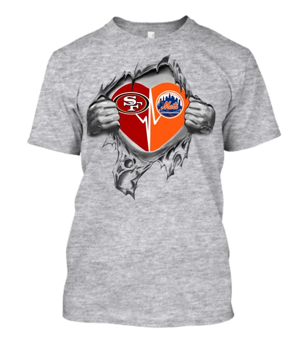 49ers Mets Heart Logos Combined With Hands Ripping Gray T-Shirt