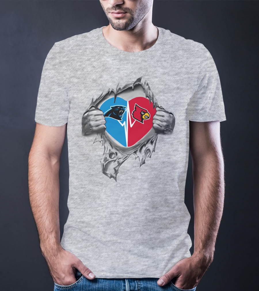 Panthers Louisville Cardinals Heart Symbol Split Blue Red T-Shirt