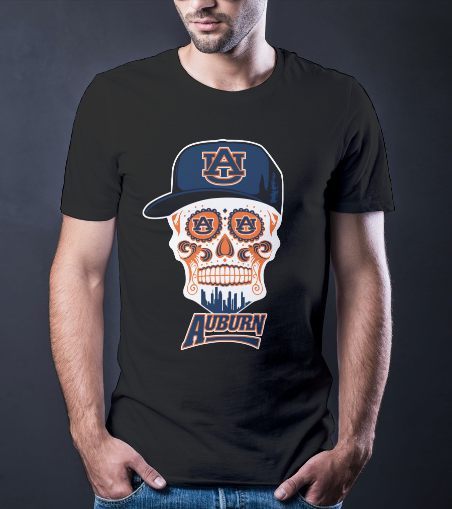 Auburn Tigers Skull Sugar Skull Design With Cap T-Shirt