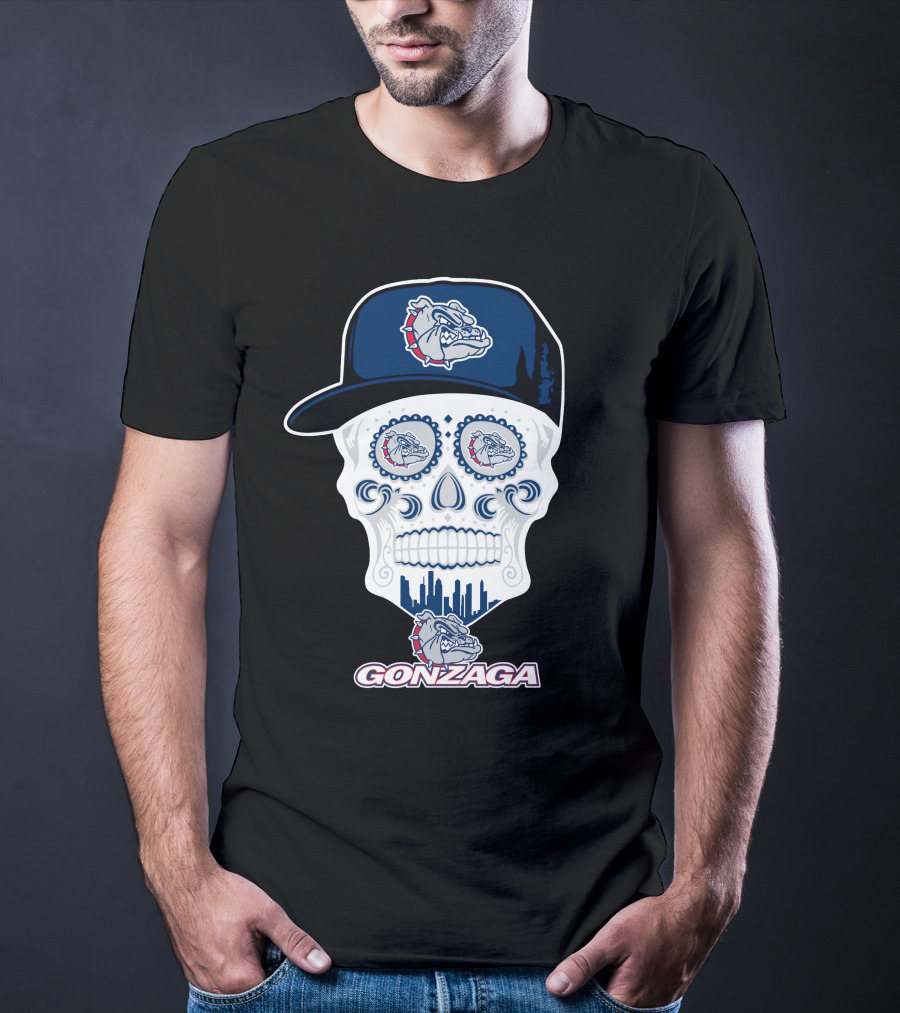 Gonzaga Bulldogs Skull With Hat And City Skyline T-Shirt