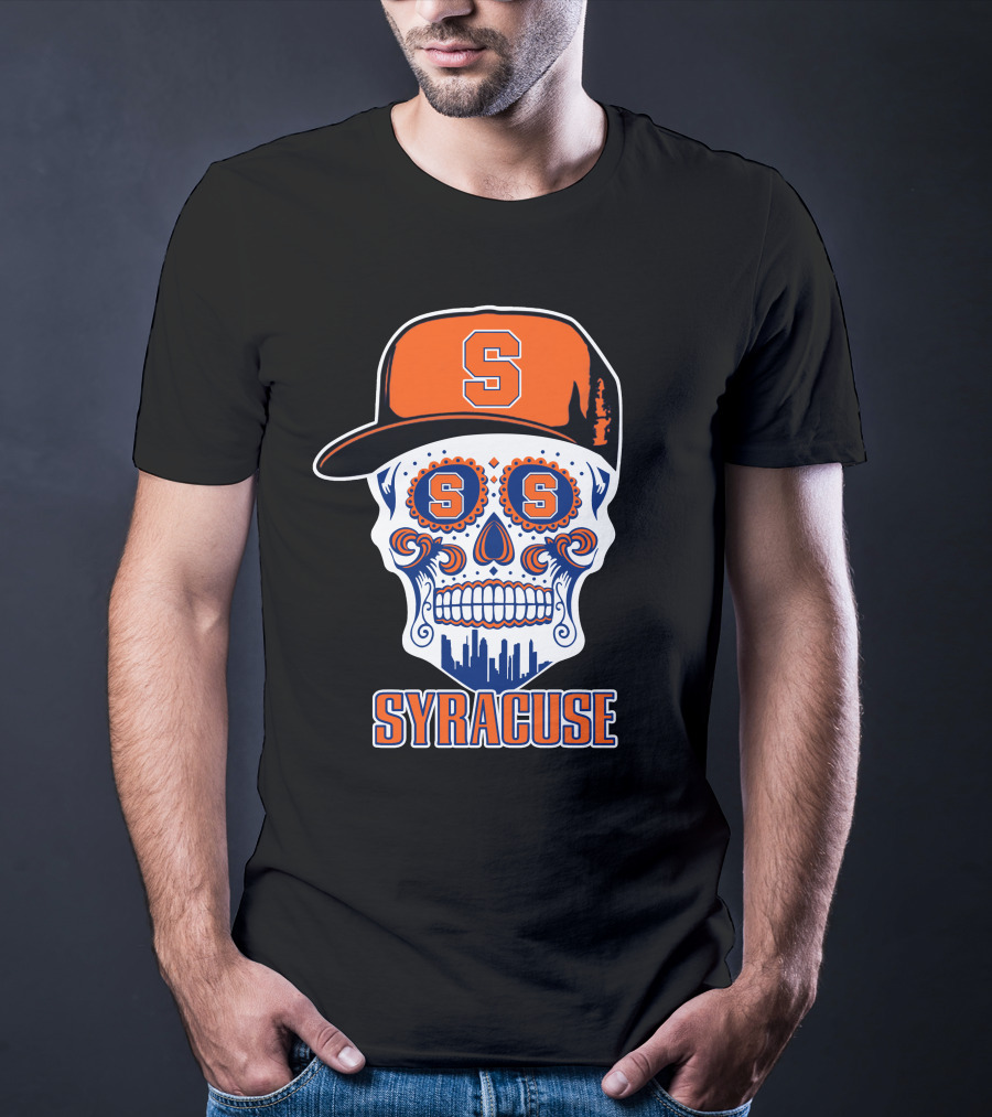 Syracuse Orange Skull With Baseball Cap And Cityscape Elements T-Shirt