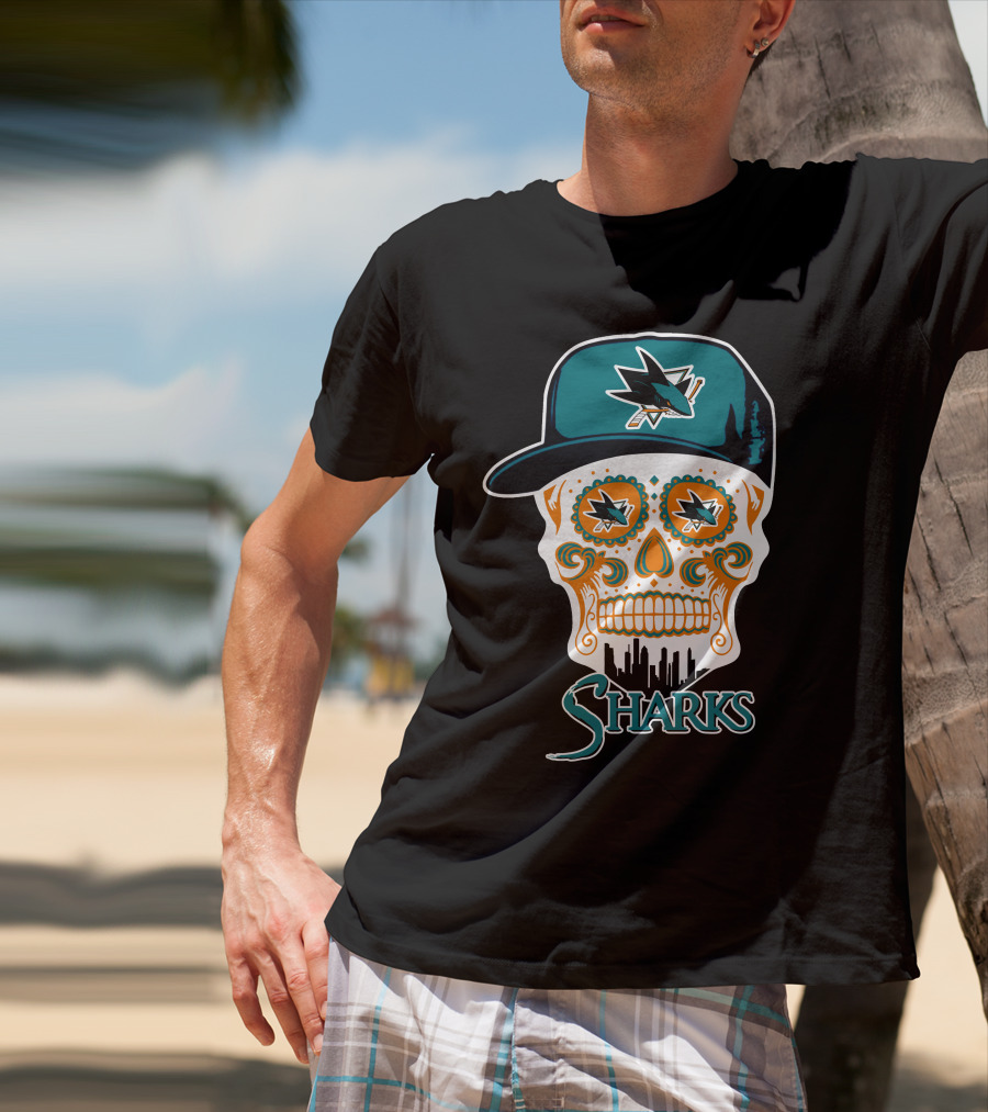 San Jose Sharks Skull With Logo And Cityscape Elements T-Shirt