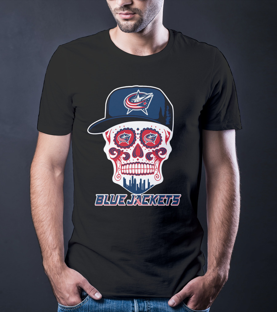 Columbus Blue Jackets Skull With Cap And Cityscape T-Shirt
