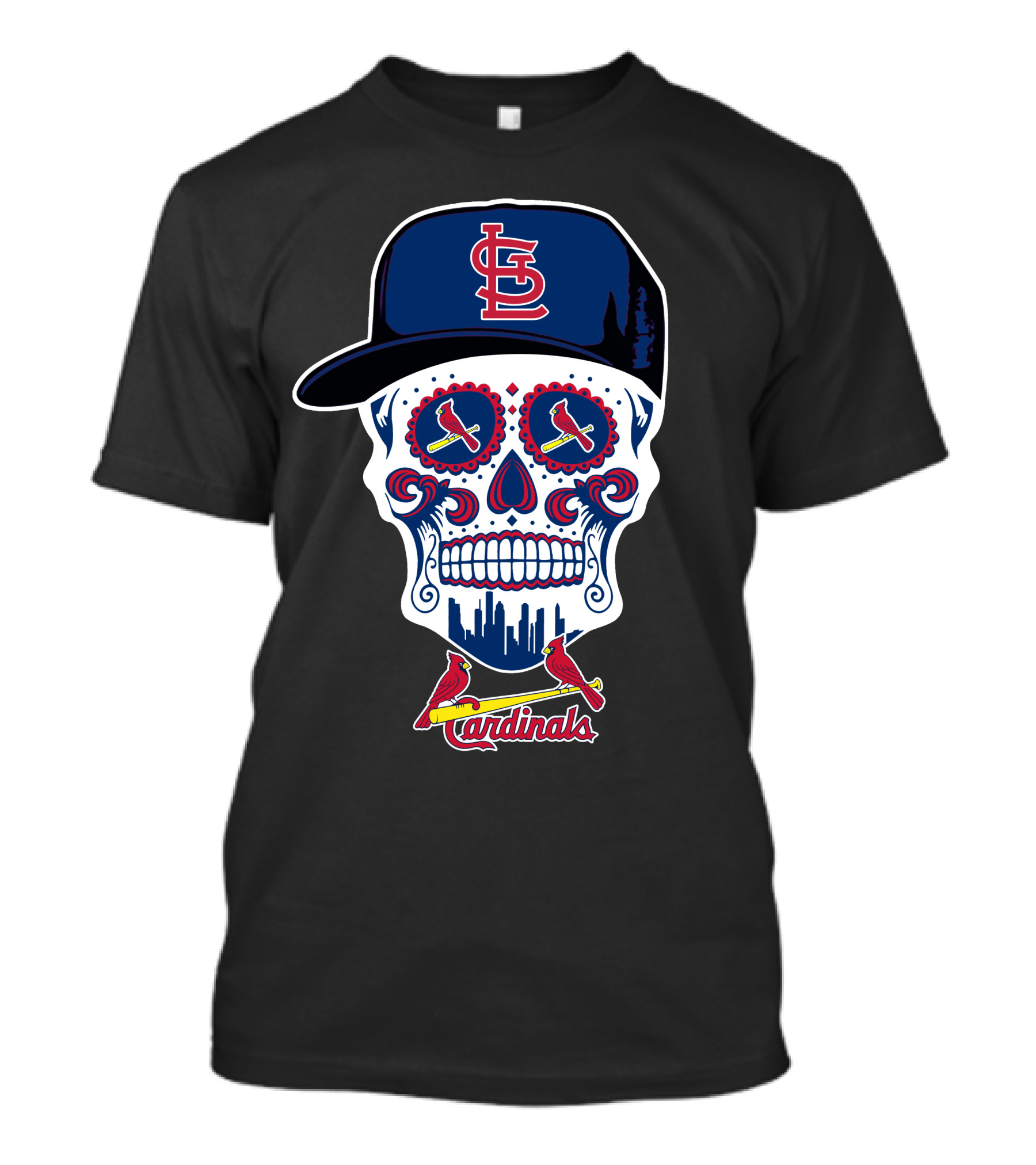 St Louis Cardinals Skull With Baseball Cap And City Skyline T-Shirt