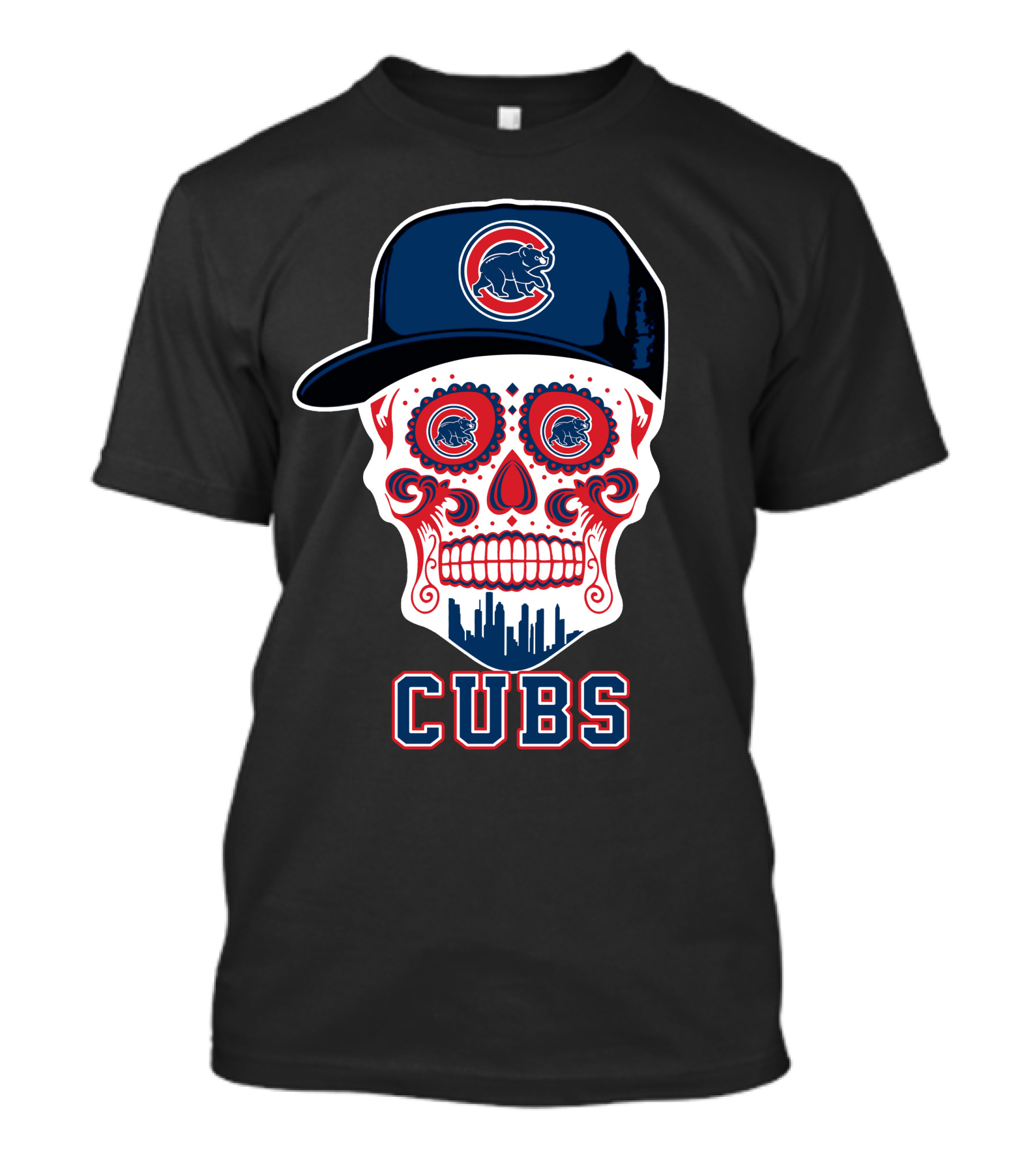 Chicago Cubs Skull Hat Red Blue Skyline T-Shirt