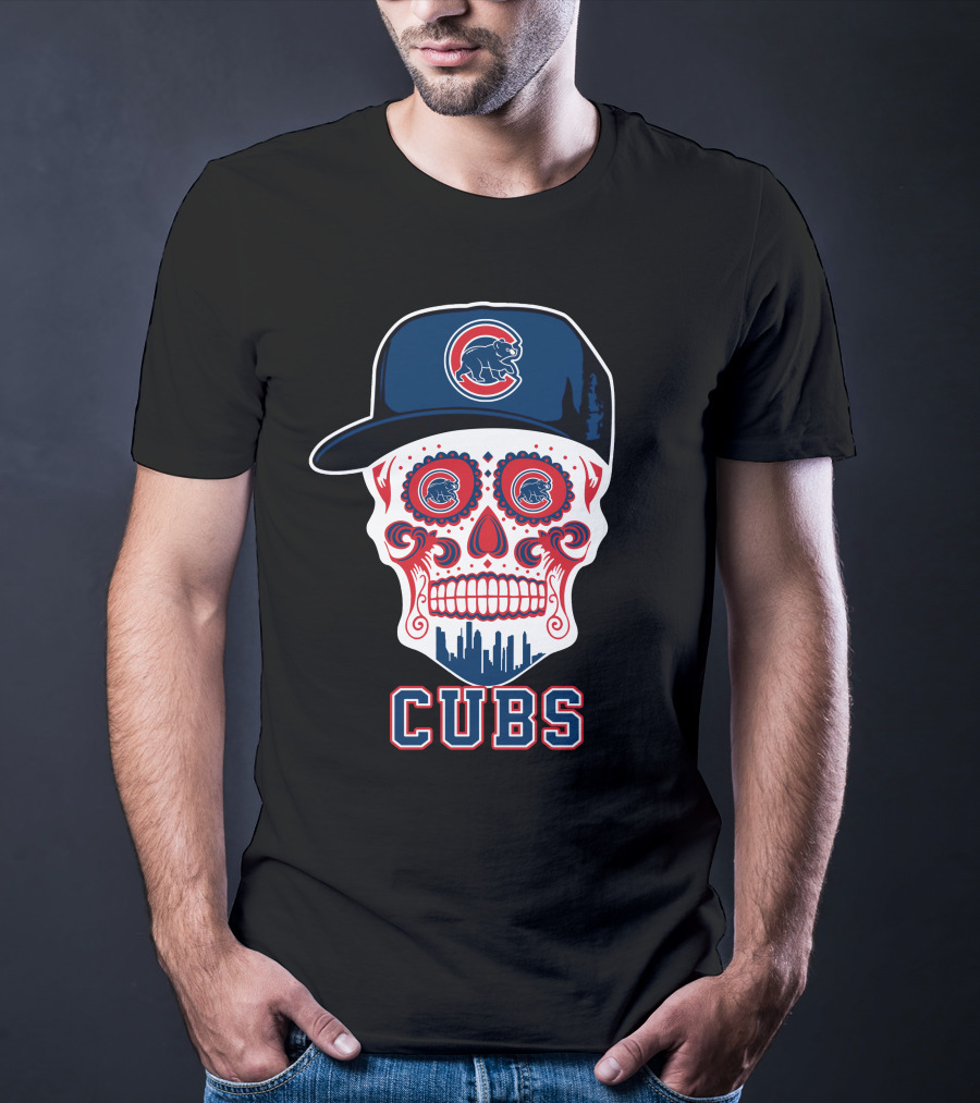 Chicago Cubs Skull Hat Red Blue Skyline T-Shirt