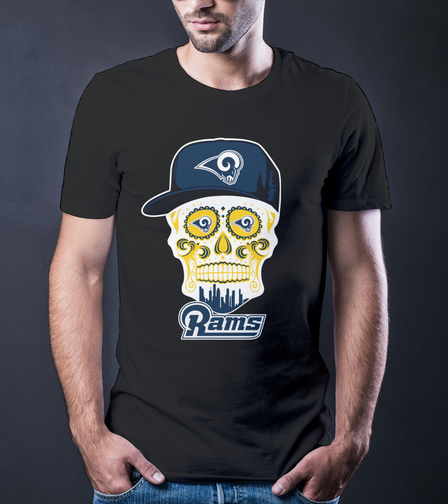 Los Angeles Rams Skull Rams Cap City Skyline T-Shirt