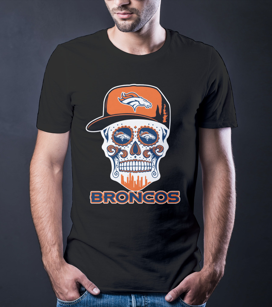 Denver Broncos Skull With Cap And Logos T-Shirt